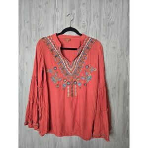 Scully Embroidered Peasant Blouse Womens M Bell Sleeve Boho Western Orange Top